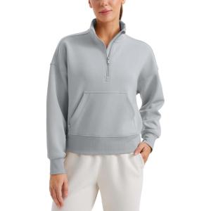 CRZ YOGA SoftAura Half Zip Sweatshirt for Women – Pullover Workout Casual Funnel Neck Sweat Shirts with Pocket(Rhino Grey)