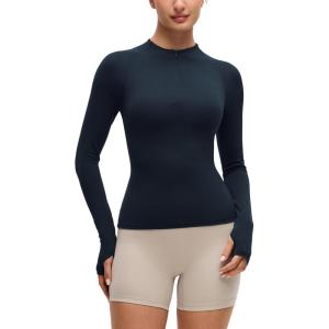 CRZ YOGA Softembrace Half Zip Long Sleeve Shirts for Women – Casual Going Out Tops Soft Quarter Zipper Tees with Thumb Holes(True Navy)
