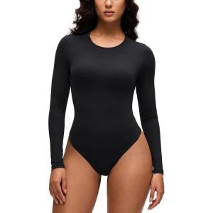 CRZ YOGA Softembrace Long Sleeve Bodysuits for Women – Crewneck Basic Casual Travel Thong Body Suits Fitted Tops(Black)