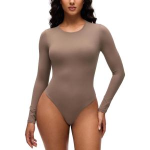 CRZ YOGA Softembrace Long Sleeve Bodysuits for Women – Crewneck Basic Casual Travel Thong Body Suits Fitted Tops(Brown Purple)