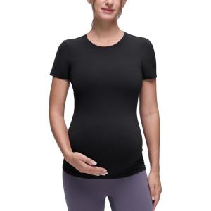 CRZ YOGA Softembrace Maternity Crewneck Short Sleeve Shirts – Soft Casual Pregnancy Tops Going Out Basic T-Shirts for Women(Black)