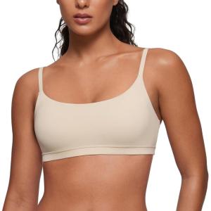 CRZ YOGA Softhold Double Lined Scoop Neck Bralette – Womens Adjustable Straps Cami Wireless Sleep T-Shirt Everyday Bra(Mojave Tan 2)