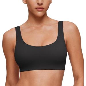 CRZ YOGA Softhold Double Lined U Back Bralette – Womens Scoop Neck Lounge T-Shirt Everyday Bras Smooth Wireless Cami(Black)