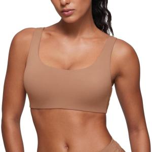 CRZ YOGA Softhold Double Lined U Back Bralette – Womens Scoop Neck Lounge T-Shirt Everyday Bras Smooth Wireless Cami(Gravel Beige)