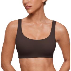 CRZ YOGA Softhold Double Lined U Back Bralette – Womens Scoop Neck Lounge T-Shirt Everyday Bras Smooth Wireless Cami(Hot Fudge Brown)