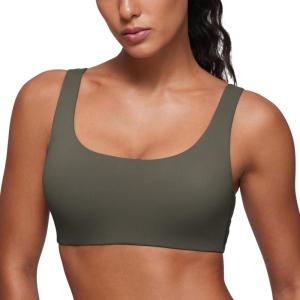 CRZ YOGA Softhold Double Lined U Back Bralette – Womens Scoop Neck Lounge T-Shirt Everyday Bras Smooth Wireless Cami(Light Army Green)