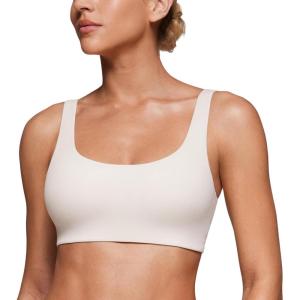 CRZ YOGA Softhold Double Lined U Back Bralette – Womens Scoop Neck Lounge T-Shirt Everyday Bras Smooth Wireless Cami(Milky White)