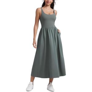 CRZ YOGA Square Neck Maxi Dress for Women – Flowy Sleeveless Padded Travel Casual Outfits with Side Pockets(Grey Sage)