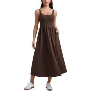 CRZ YOGA Square Neck Maxi Dress for Women – Flowy Sleeveless Padded Travel Casual Outfits with Side Pockets(Hot Fudge Brown)