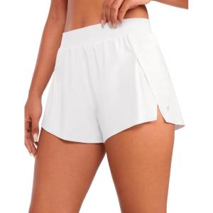 CRZ YOGA V Split Running Shorts for Women 2.5″ – High Waisted Workout Athletic Gym Track with Liner Breathable Quick Dry(White)