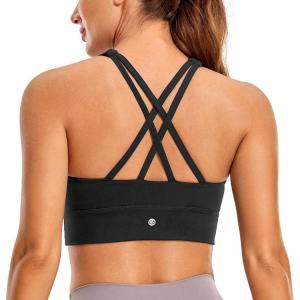 CRZ YOGA Womens Butterluxe Strappy High Neck Longline Sports Bra – Wireless Criss Cross Back Padded Workout Cropped Top(Black)