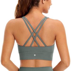 CRZ YOGA Womens Butterluxe Strappy High Neck Longline Sports Bra – Wireless Criss Cross Back Padded Workout Cropped Top(Grey Sage)