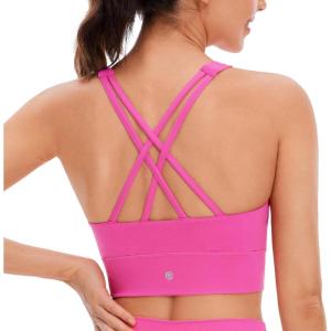 CRZ YOGA Womens Butterluxe Strappy High Neck Longline Sports Bra – Wireless Criss Cross Back Padded Workout Cropped Top((Neon)light Purple)
