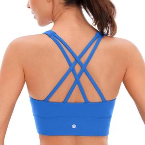 CRZ YOGA Womens Butterluxe Strappy High Neck Longline Sports Bra – Wireless Criss Cross Back Padded Workout Cropped Top(Sparkle Blue)