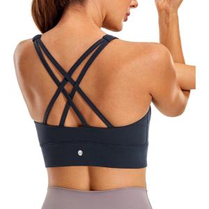 CRZ YOGA Womens Butterluxe Strappy High Neck Longline Sports Bra – Wireless Criss Cross Back Padded Workout Cropped Top(True Navy)