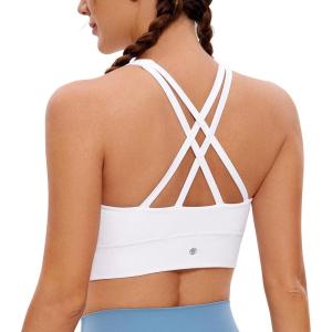 CRZ YOGA Womens Butterluxe Strappy High Neck Longline Sports Bra – Wireless Criss Cross Back Padded Workout Cropped Top(White)