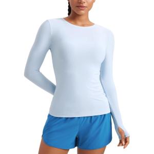 CRZ YOGA Womens Cloudweight Long Sleeve Workout Tops Lightweight Athletic Basic Shirts Soft Casual T-Shirt with Thumb Hole(Blue Linen)