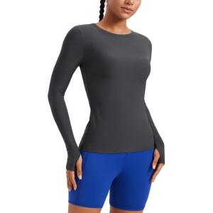 CRZ YOGA Womens Cloudweight Long Sleeve Workout Tops Lightweight Athletic Basic Shirts Soft Casual T-Shirt with Thumb Hole(Mysterious Grey)