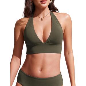 CRZ YOGA Womens Halter Bikini Tops V Neck Swim Bathing Suit Sexy Backless Swimsuit Padded(Dark Olive)