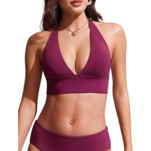 CRZ YOGA Womens Halter Bikini Tops V Neck Swim Bathing Suit Sexy Backless Swimsuit Padded(Fuchsia)