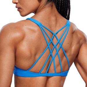 CRZ YOGA Womens Naked Feeling Criss Cross Sports Bra – Strappy Back Padded Medium Support Wireless Gym Cami Workout Yoga(Madagascar Blue)