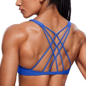 CRZ YOGA Womens Naked Feeling Criss Cross Sports Bra – Strappy Back Padded Medium Support Wireless Gym Cami Workout Yoga(Waves Blue)