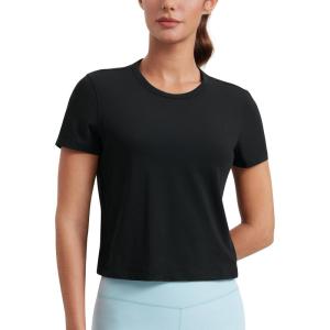 CRZ YOGA Women’s Pima Cotton Short Sleeve Crop Tops High Neck Cropped Workout Shirts Yoga Athletic Casual T-Shirt(Black)