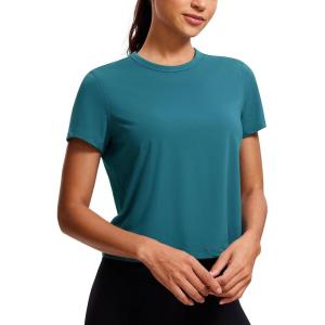 CRZ YOGA Women’s Pima Cotton Short Sleeve Crop Tops High Neck Cropped Workout Shirts Yoga Athletic Casual T-Shirt(Borealis Green)