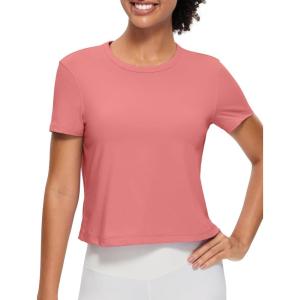 CRZ YOGA Women’s Pima Cotton Short Sleeve Crop Tops High Neck Cropped Workout Shirts Yoga Athletic Casual T-Shirt(Briar Rose)