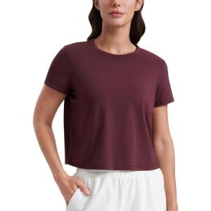 CRZ YOGA Women’s Pima Cotton Short Sleeve Crop Tops High Neck Cropped Workout Shirts Yoga Athletic Casual T-Shirt(Dark Red)