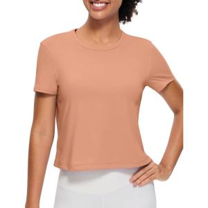 CRZ YOGA Women’s Pima Cotton Short Sleeve Crop Tops High Neck Cropped Workout Shirts Yoga Athletic Casual T-Shirt(Mocha Mousse)