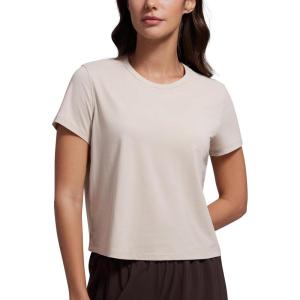 CRZ YOGA Women’s Pima Cotton Short Sleeve Crop Tops High Neck Cropped Workout Shirts Yoga Athletic Casual T-Shirt(Mojave Tan)