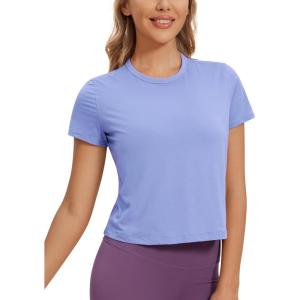 CRZ YOGA Women’s Pima Cotton Short Sleeve Crop Tops High Neck Cropped Workout Shirts Yoga Athletic Casual T-Shirt(Periwinkle Purple)