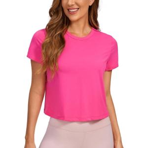 CRZ YOGA Women’s Pima Cotton Short Sleeve Crop Tops High Neck Cropped Workout Shirts Yoga Athletic Casual T-Shirt(Sonic Pink)
