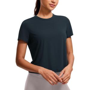 CRZ YOGA Women’s Pima Cotton Short Sleeve Crop Tops High Neck Cropped Workout Shirts Yoga Athletic Casual T-Shirt(True Navy)