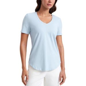 CRZ YOGA Womens Pima Cotton V Neck T-Shirt Short Sleeve Casual Workout Shirts Soft Summer Basic Tee Tops(Blue Linen)