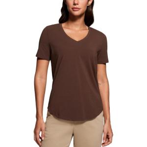 CRZ YOGA Womens Pima Cotton V Neck T-Shirt Short Sleeve Casual Workout Shirts Soft Summer Basic Tee Tops(Coffee Brown)
