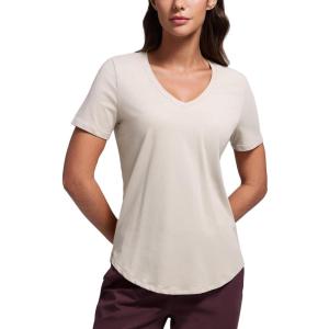 CRZ YOGA Womens Pima Cotton V Neck T-Shirt Short Sleeve Casual Workout Shirts Soft Summer Basic Tee Tops(Mojave Tan)