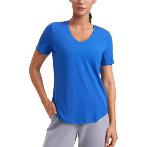 CRZ YOGA Womens Pima Cotton V Neck T-Shirt Short Sleeve Casual Workout Shirts Soft Summer Basic Tee Tops(Sparkle Blue)