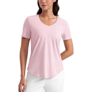 CRZ YOGA Womens Pima Cotton V Neck T-Shirt Short Sleeve Casual Workout Shirts Soft Summer Basic Tee Tops(Strawberry Pink)