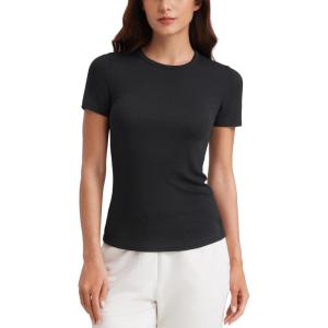 CRZ YOGA Womens Ribbed Modal Casual Short Sleeve Crew Neck Basic Shirts Going Out Soft Fitted Stretchy Athletic Workout Tops(Black)