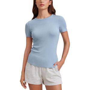 CRZ YOGA Womens Ribbed Modal Casual Short Sleeve Crew Neck Basic Shirts Going Out Soft Fitted Stretchy Athletic Workout Tops(Cambric Blue)