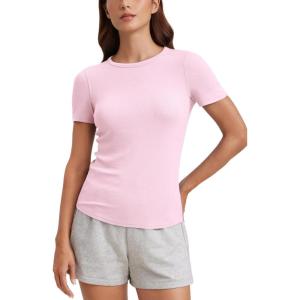CRZ YOGA Womens Ribbed Modal Casual Short Sleeve Crew Neck Basic Shirts Going Out Soft Fitted Stretchy Athletic Workout Tops(Pink Peony)