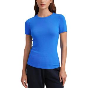 CRZ YOGA Womens Ribbed Modal Casual Short Sleeve Crew Neck Basic Shirts Going Out Soft Fitted Stretchy Athletic Workout Tops(Sparkle Blue)
