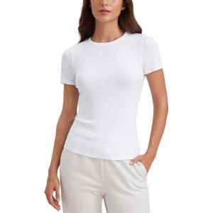 CRZ YOGA Womens Ribbed Modal Casual Short Sleeve Crew Neck Basic Shirts Going Out Soft Fitted Stretchy Athletic Workout Tops(White)