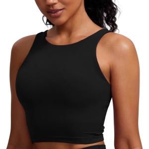 CRZ YOGA Womens U Back Sports Bras Padded High Neck Crop Workout Tank Tops(Black)