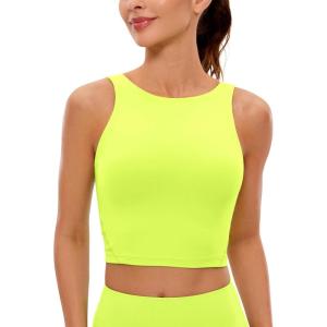 CRZ YOGA Womens U Back Sports Bras Padded High Neck Crop Workout Tank Tops(Neon Yellow)