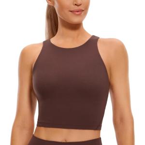CRZ YOGA Womens U Back Sports Bras Padded High Neck Crop Workout Tank Tops(Taupe)