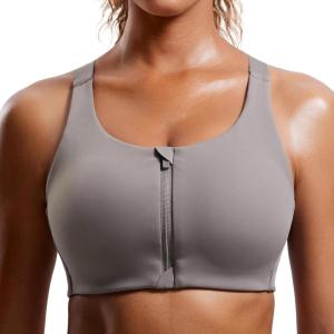 CRZ YOGA Womens Zip Front High Impact Sports Bra – Molded Cup Adjustable Convertible Straps Wireless Workout Yoga Crop Top(Deep Gray)