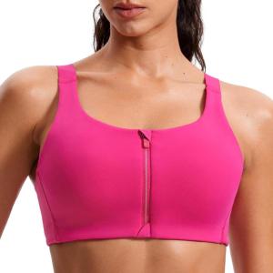 CRZ YOGA Womens Zip Front High Impact Sports Bra – Molded Cup Adjustable Convertible Straps Wireless Workout Yoga Crop Top(Granita Pink)
